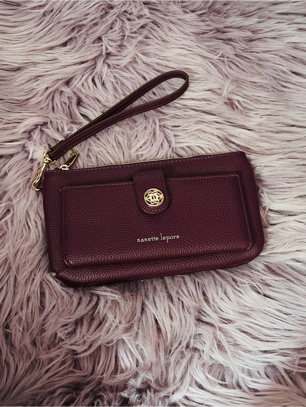 NWOT Nanette Lepore Wine Red Leather Wristlet Wallet with Gold Hardware